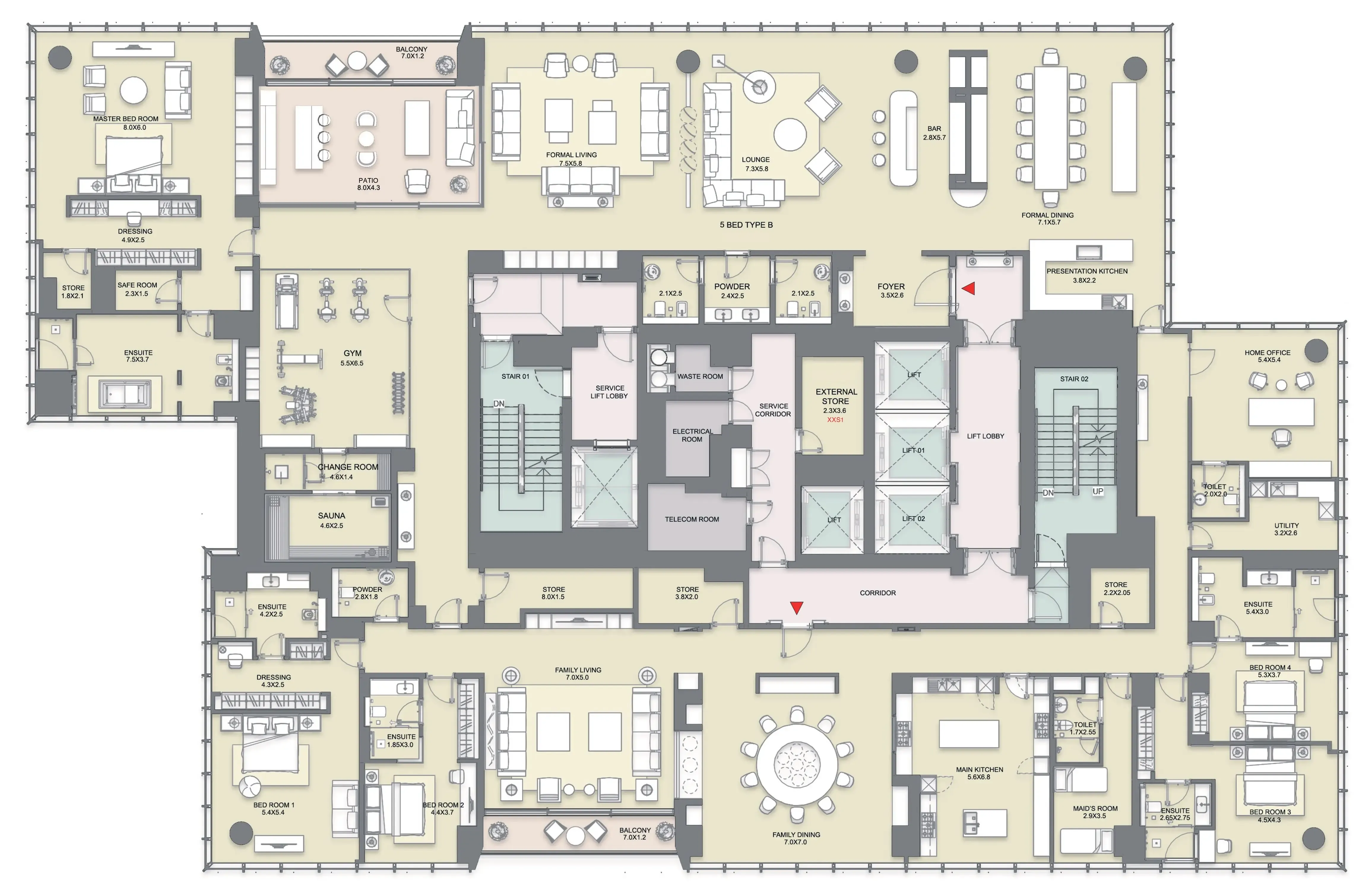 S-tower 5 bed floor plan, 13,243 sqft