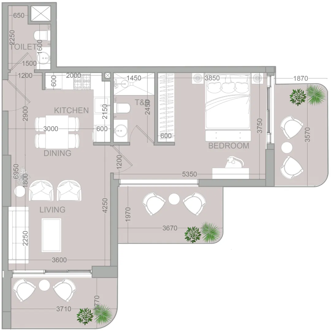 TETR1S Tower 1 bed floor plan, 806 sqft