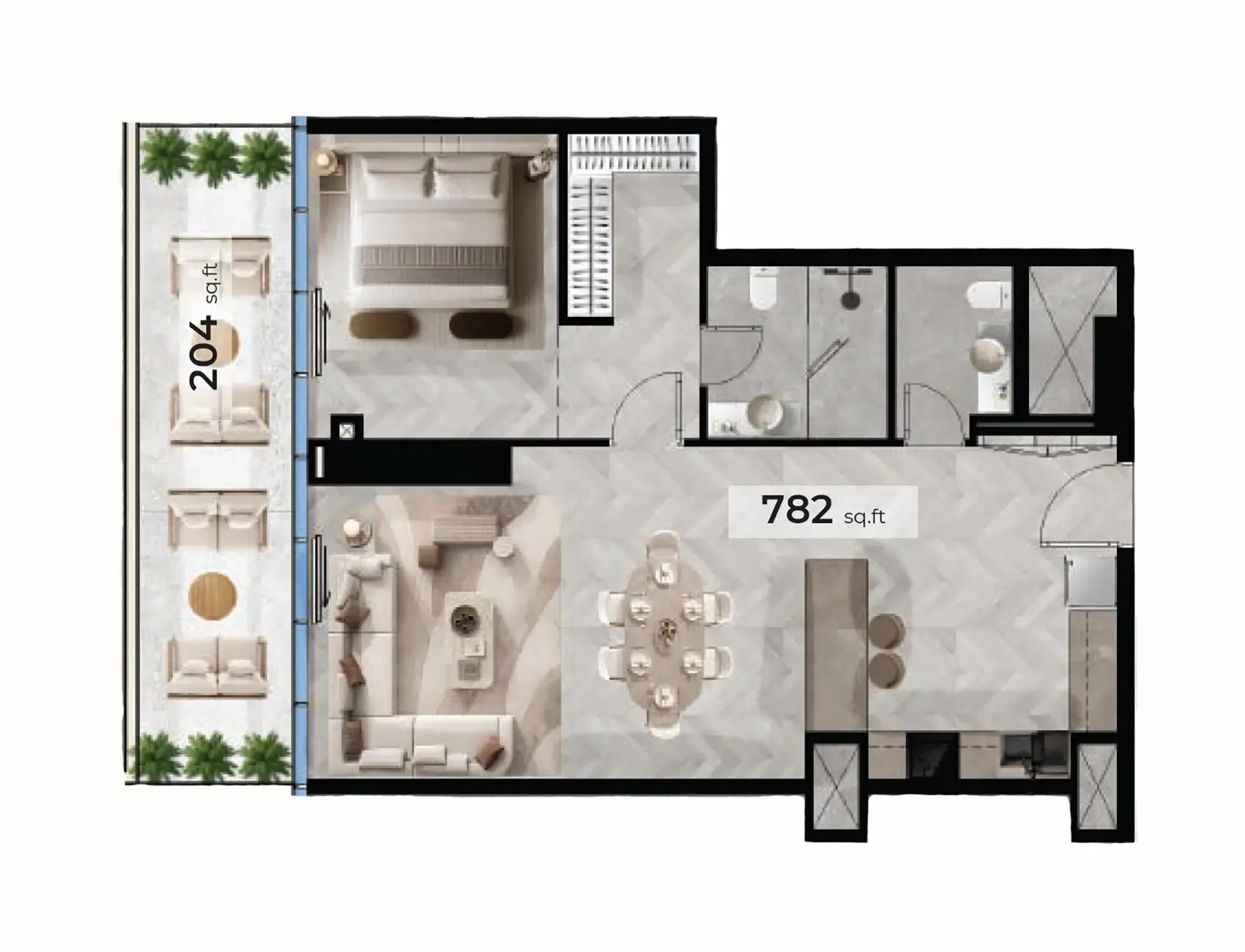 Radiant Terrace 1 bed floor plan, 981 – 986 sqft