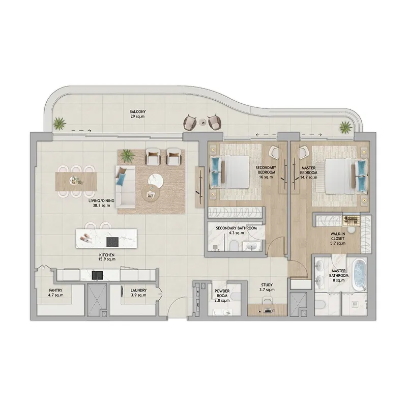 Fahid Beach Terraces 2 bed floor plan, 1,924 – 3,008 sqft