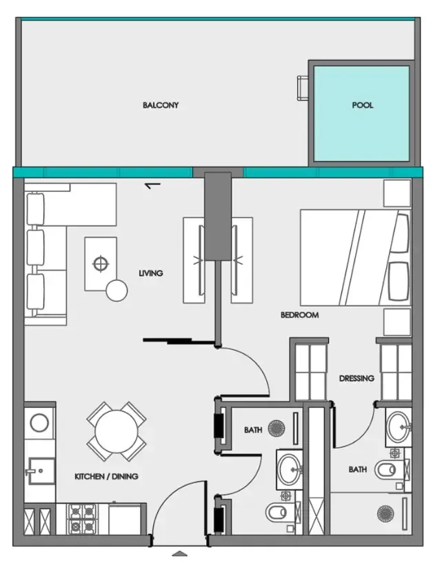 Samana Portside 1 bed floor plan, 790 sqft