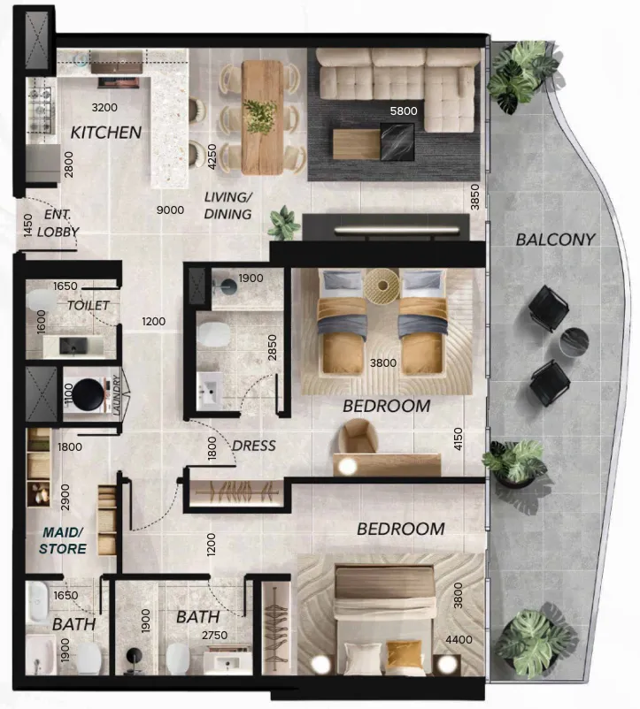 Radiant Waves 2 bed floor plan, 1,451 – 2,076 sqft