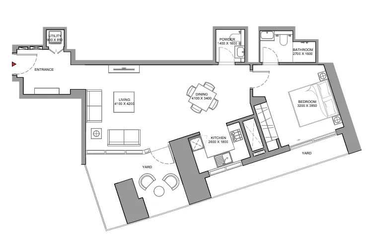Skyscape 1 bed floor plan, 1,029 sqft