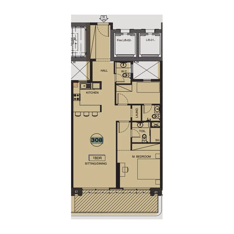 Sea View Residence 1 bed floor plan, 1,119 sqft