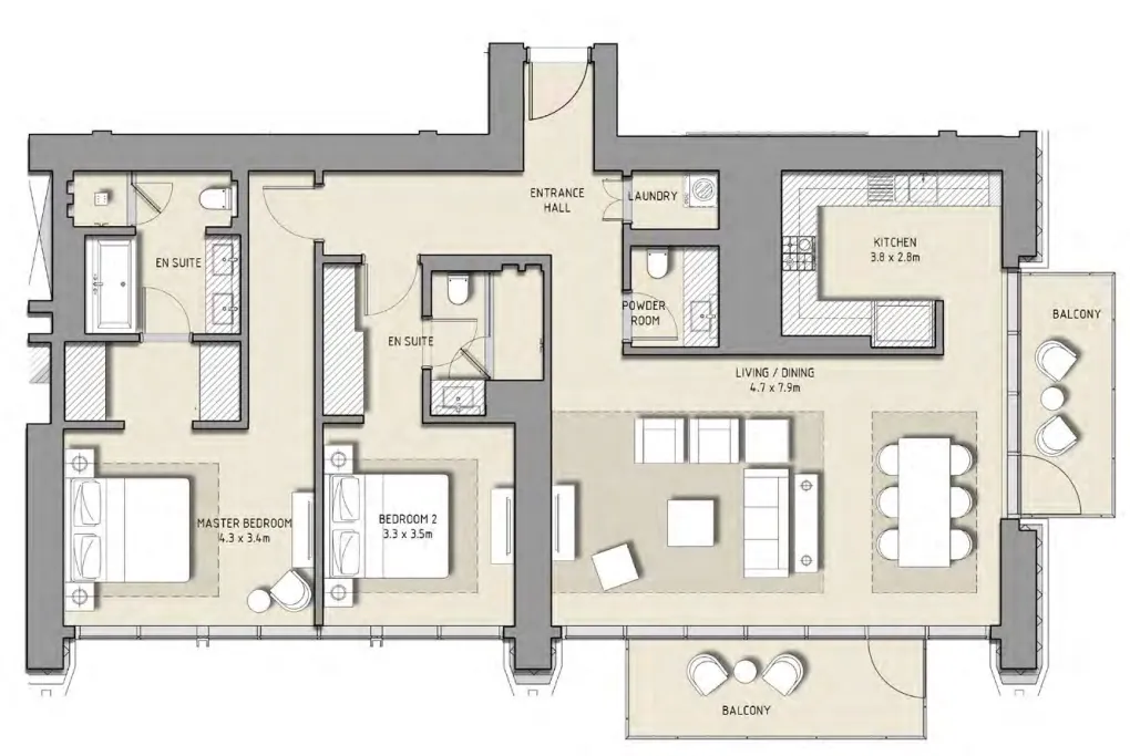 BLVD Heights 2 bed floor plan, 1,697 sqft