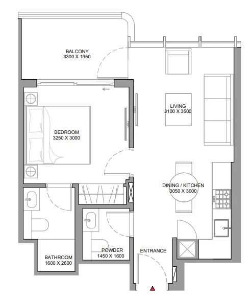 Sobha Aquamont 1 bed floor plan, 560 sqft