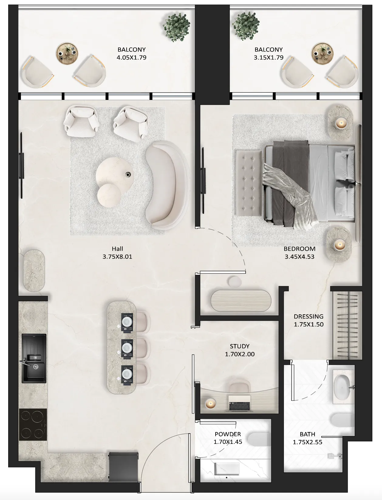 SquareX One 1 bed floor plan, 753 sqft
