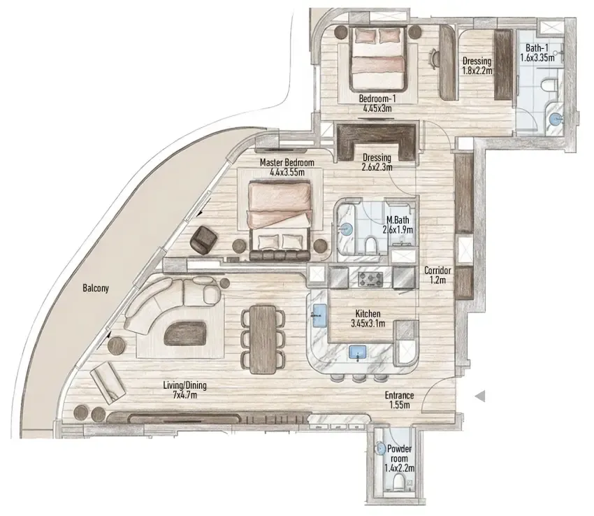 Flow 25 2 bed floor plan, 1,521 – 1,530 sqft