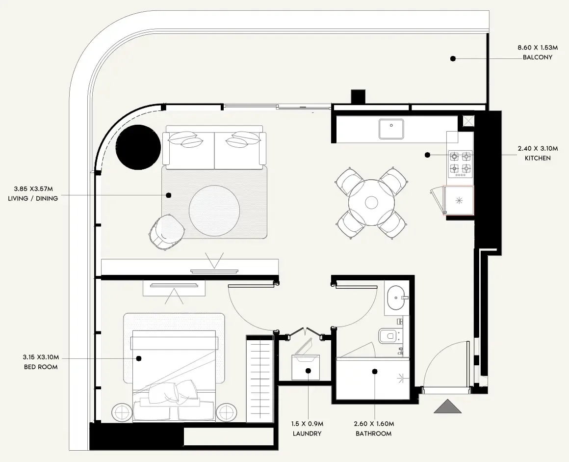 Azizi Milan 1 bed floor plan, 745 sqft