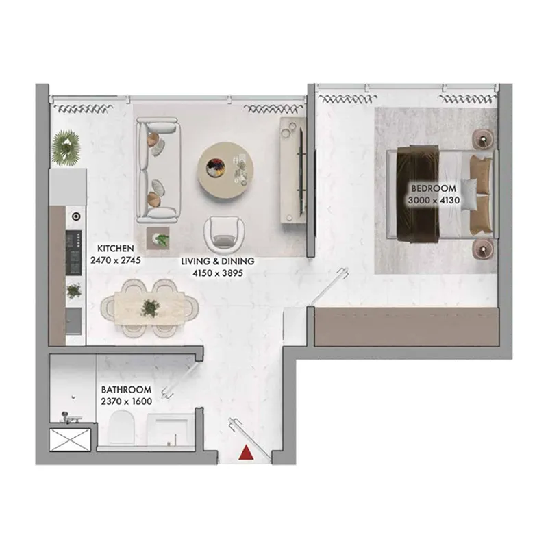 Elmora 1 bed floor plan, 395 sqft