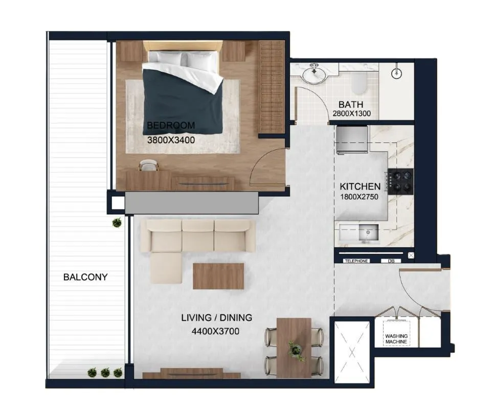 Alfal Residence 1 bed floor plan, 673 sqft