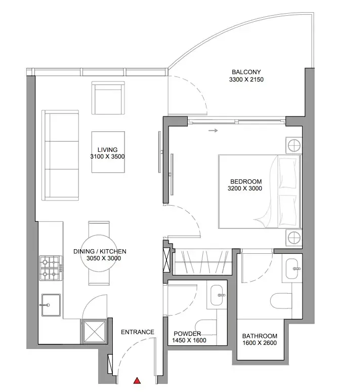 Sobha Aquamont 1 bed floor plan, 565 sqft
