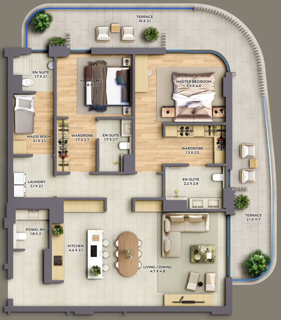 The Cape 2 bed floor plan, 2,180 sqft