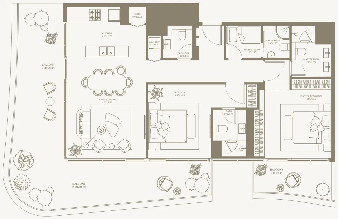 AYA Beachfront Residences 2 bed floor plan, 1,704 sqft