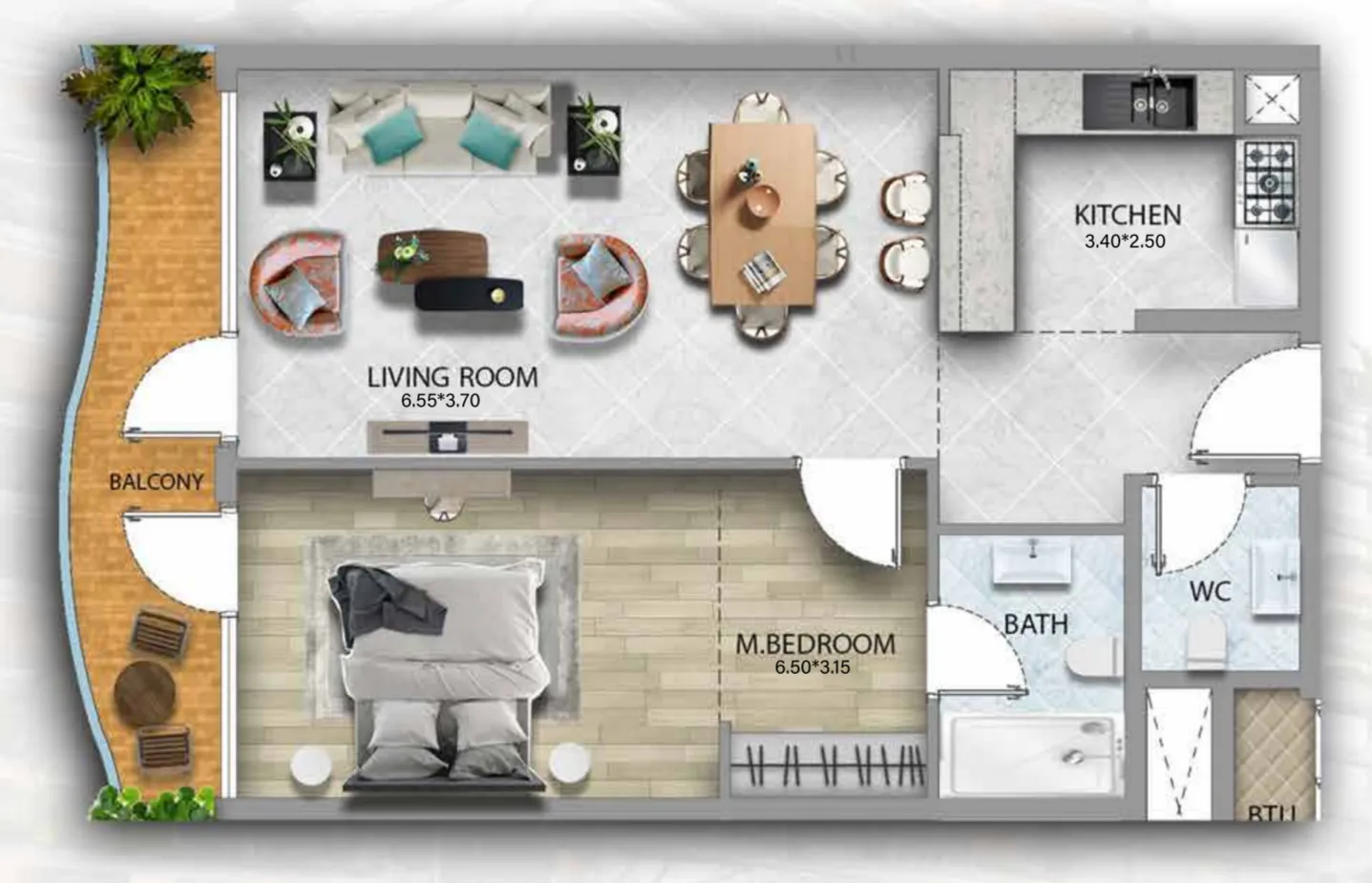311 Boulevard 1 bed floor plan, 808 sqft