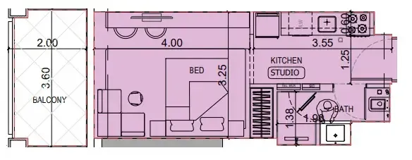 Binghatti Titania Studio floor plan, 369 sqft