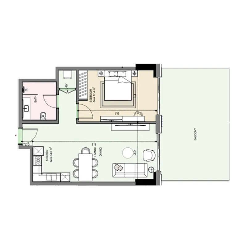 Edgewater Residences 1, 2 and 3 1 bed floor plan, 1,159 sqft