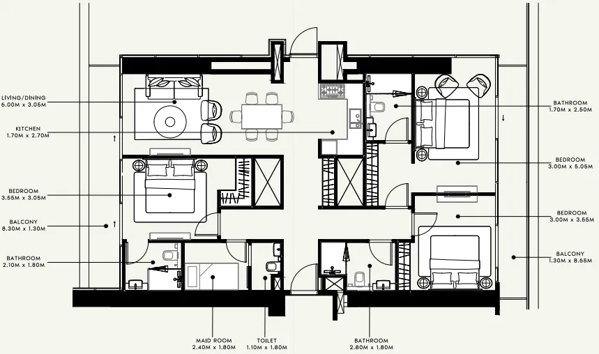 Azizi Milan 3 bed floor plan, 3,043 sqft