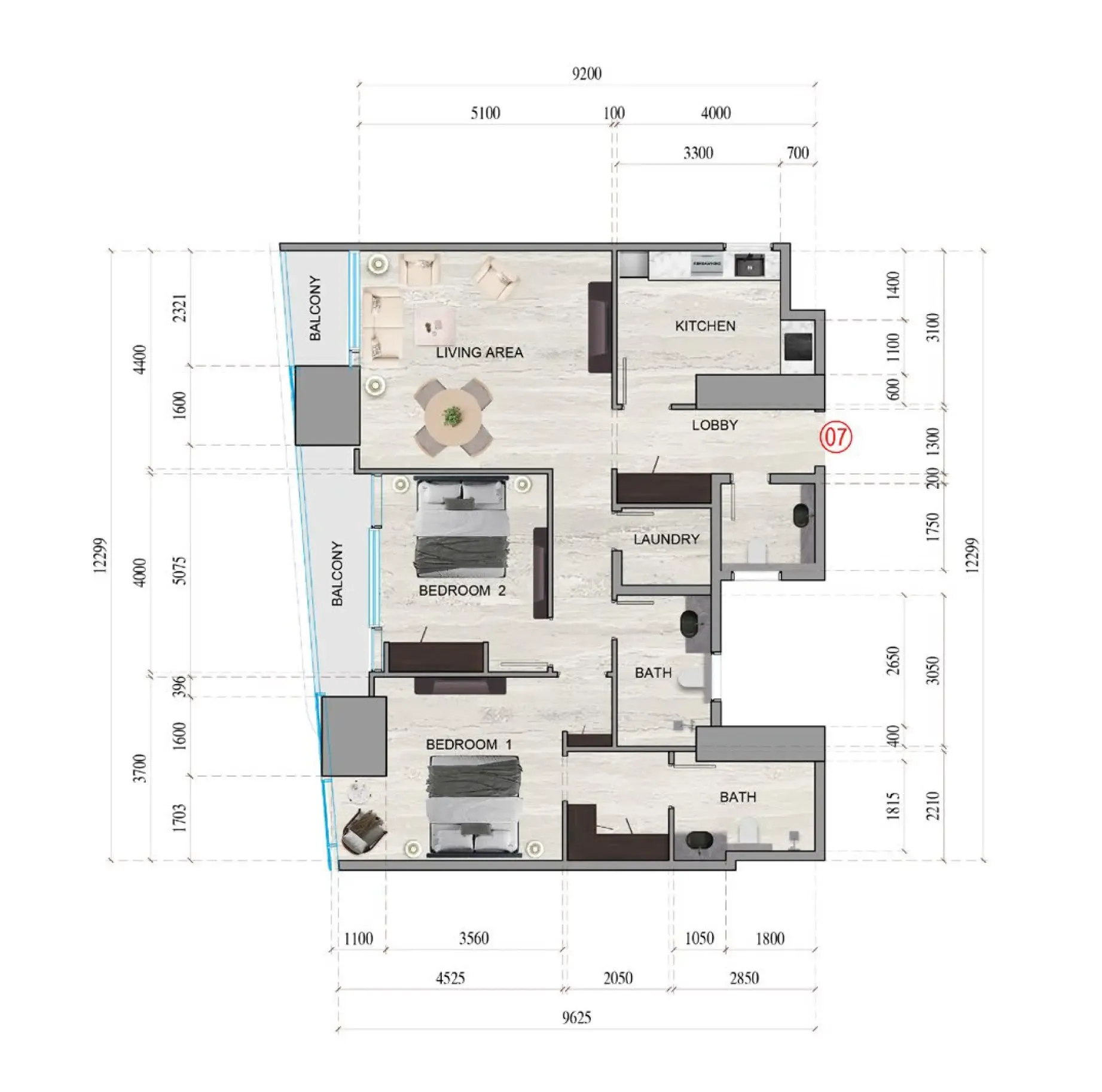 Al Ghaf Tower 2 bed floor plan, 1,338 sqft