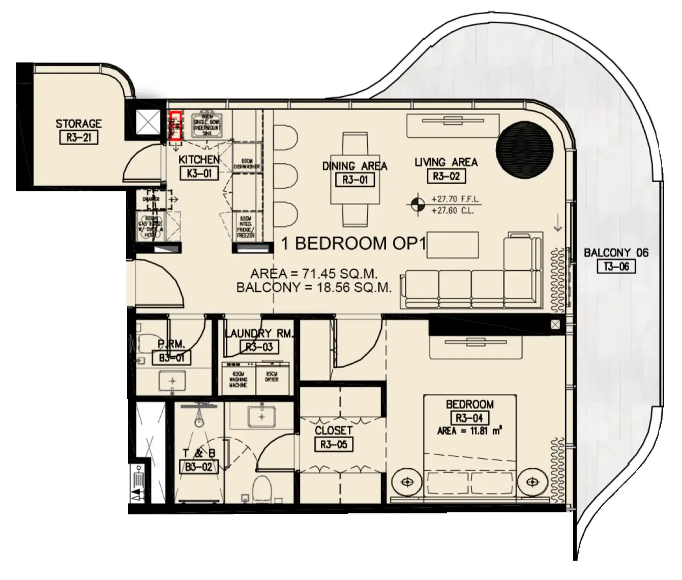 Azha Millennium Residences 1 bed floor plan, 969 sqft