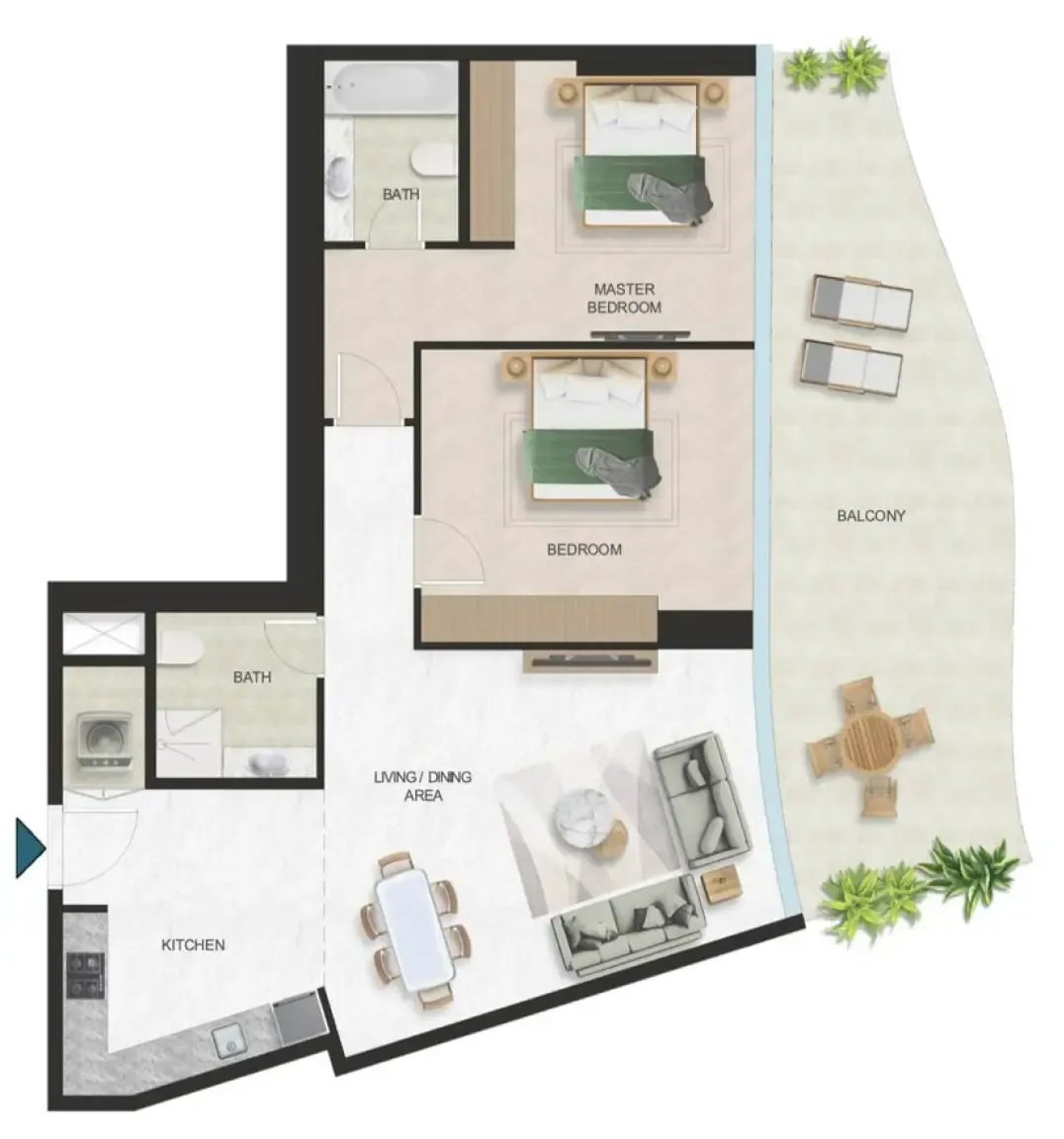 Oystra 2 bed floor plan, 1,376 sqft