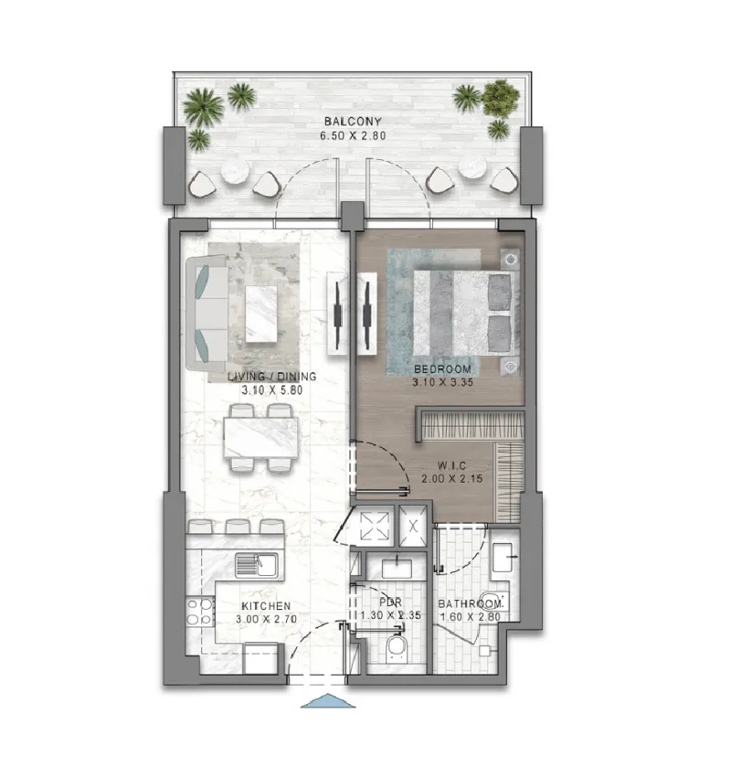 Damac Riverside Views 1 bed floor plan, 896 sqft