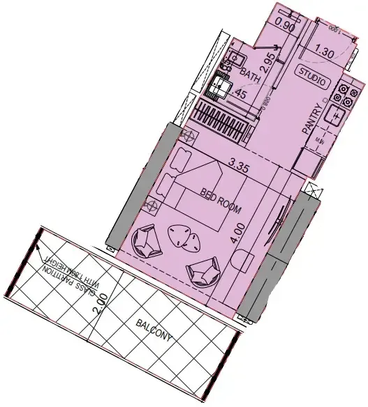 Binghatti Flare Studio floor plan, 430 sqft