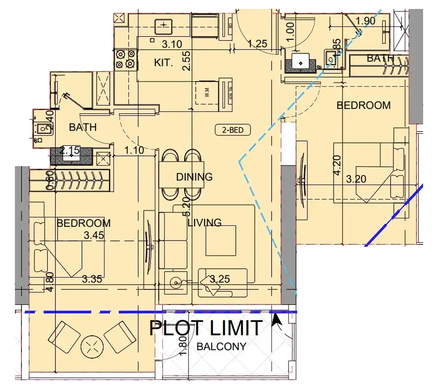 Binghatti Cullinan 2 bed floor plan, 1,018 sqft