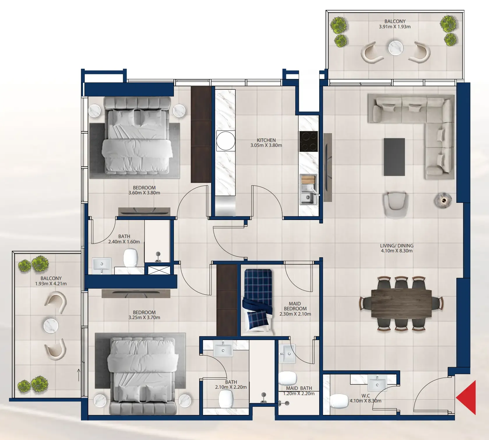 Al Vista 2 bed floor plan, 1,330 sqft