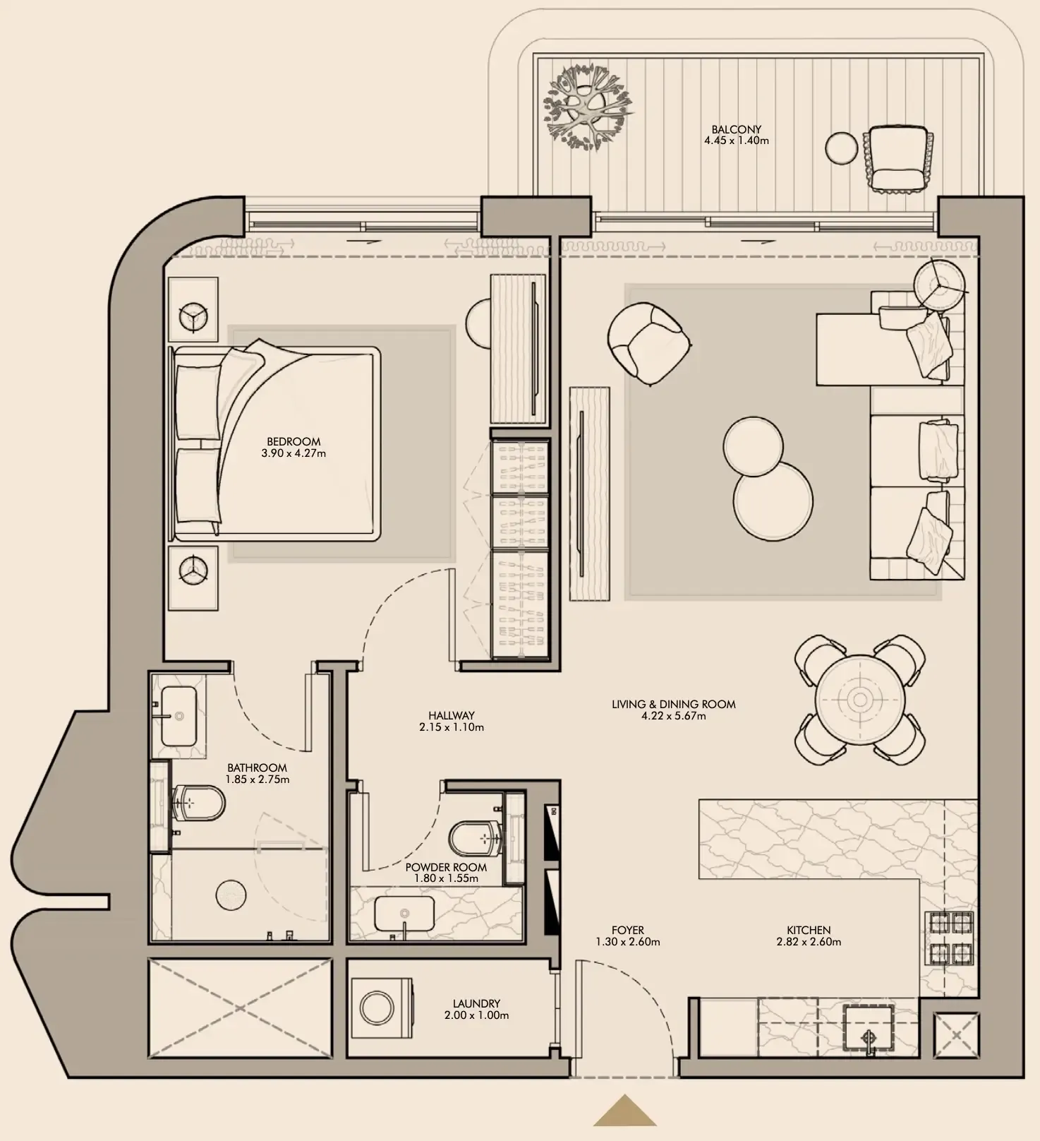 Nourelle 1 bed floor plan, 845 – 851 sqft