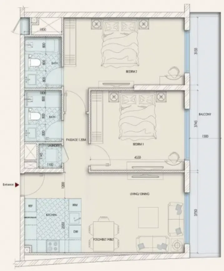 Enaya Residences 2 bed floor plan, 1,144 sqft
