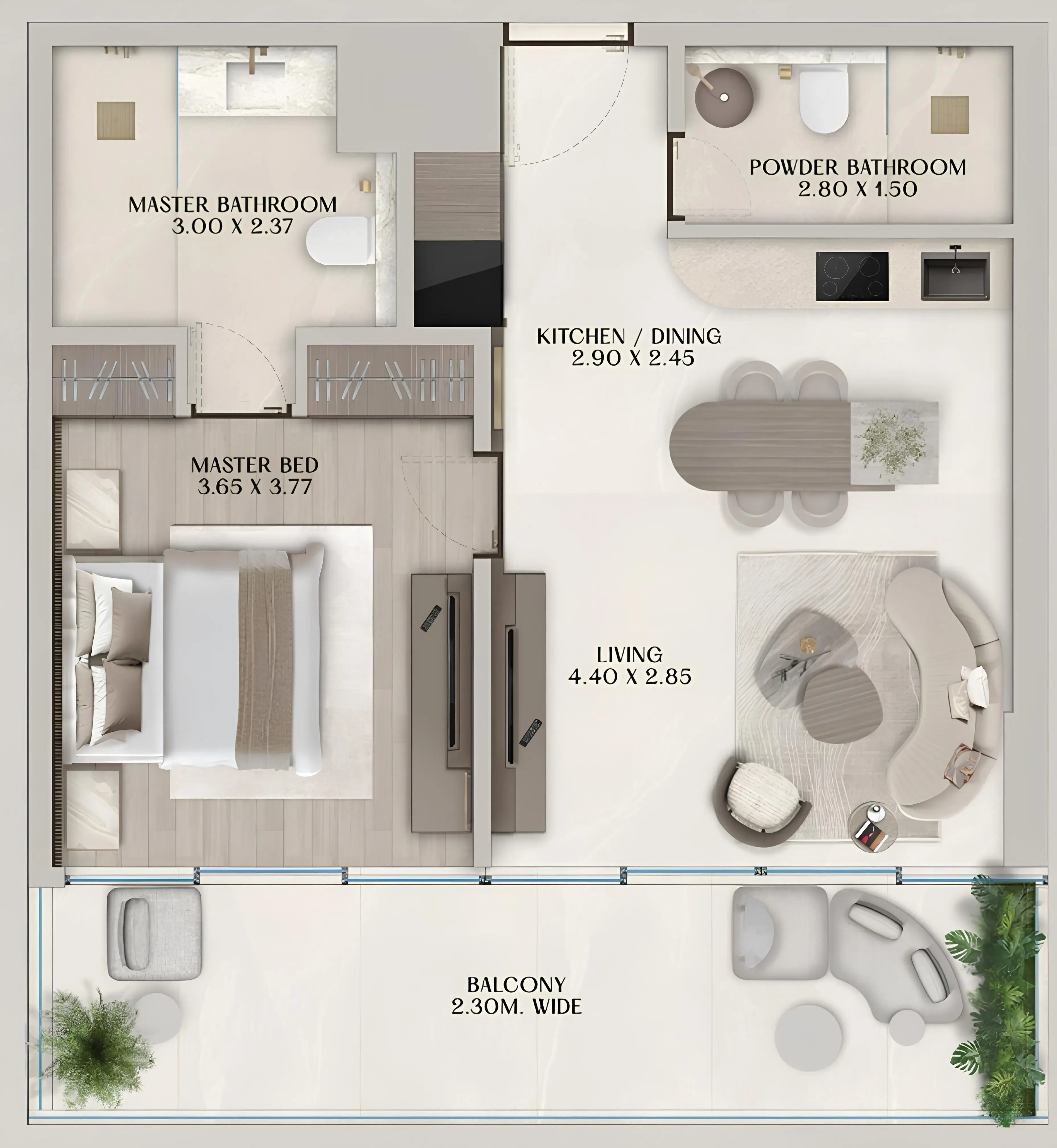 Soléva Beach Residences 1 bed floor plan, 828 sqft