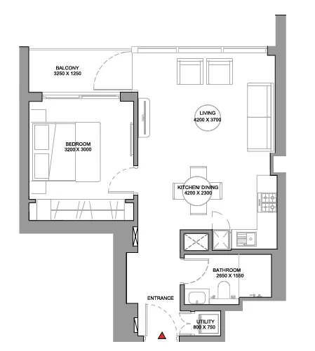 Sobha Orbis 1 bed floor plan, 741 sqft