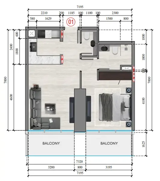Auresta Tower 1 bed floor plan, 671 sqft