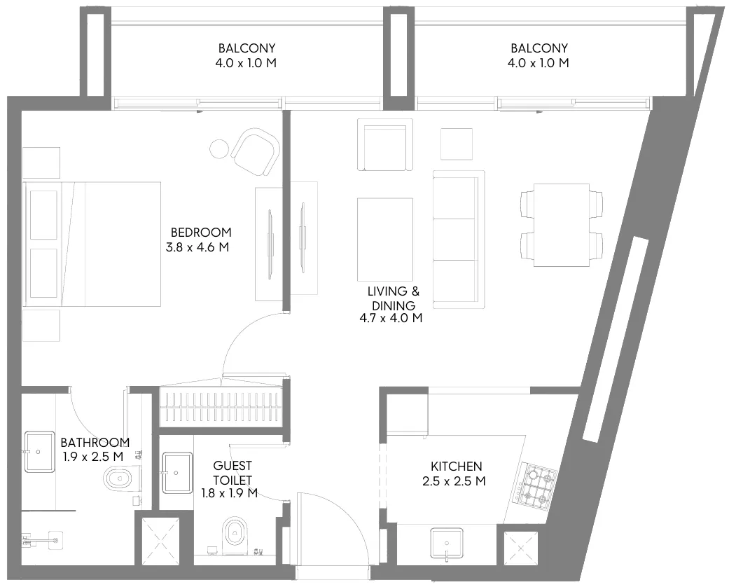 Jenna 1 1 bed floor plan, 761 – 779 sqft