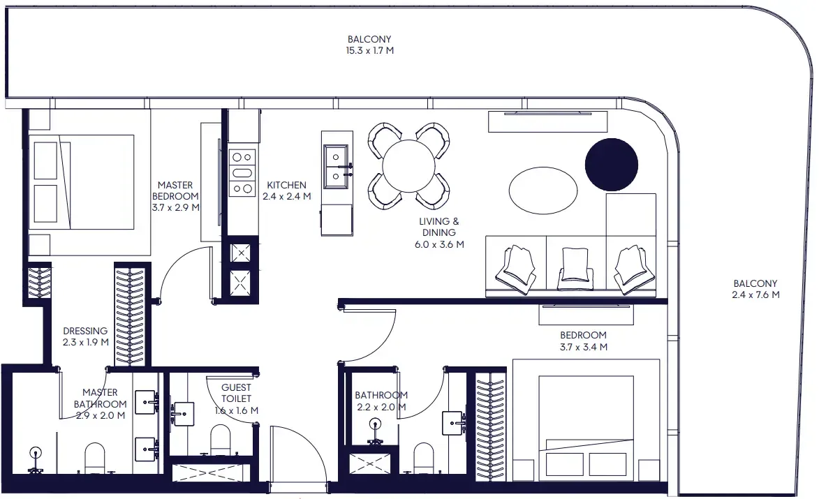 Inaura Hotels & Residences Downtown 2 bed floor plan, 1,296 sqft