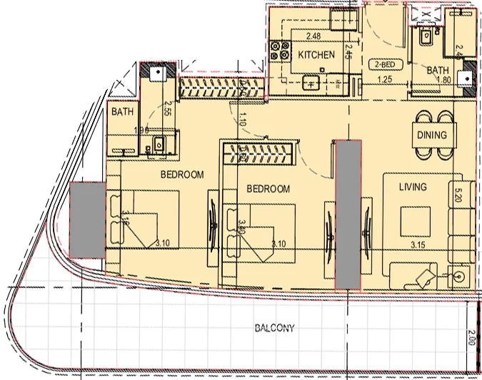 Binghatti Sky Terraces 2 bed floor plan, 1,116 – 1,151 sqft