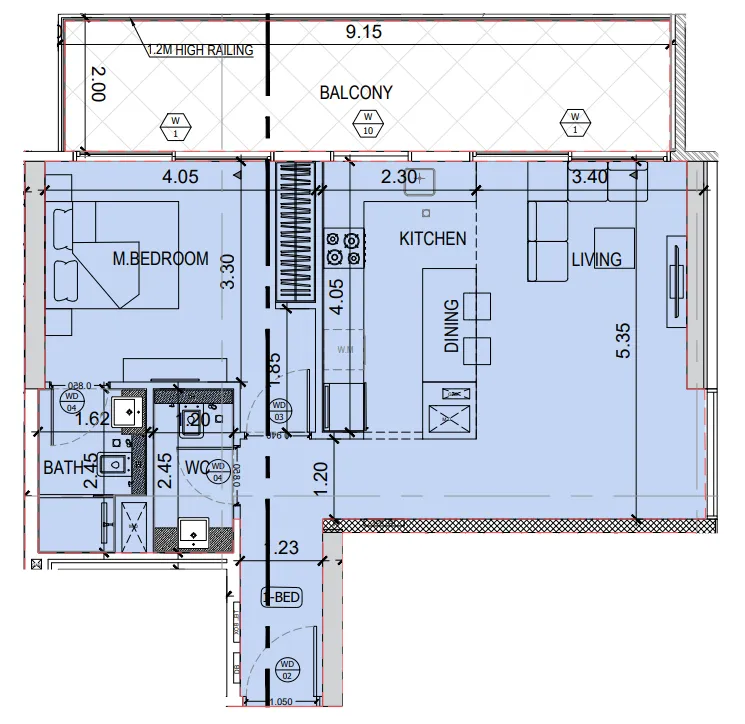 Binghatti Amberhall 1 bed floor plan, 851 sqft