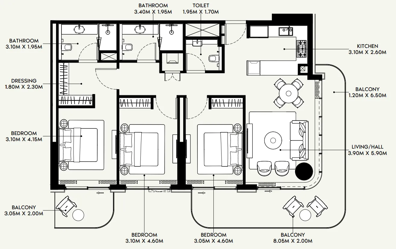 Azizi Venice 3 bed floor plan, 1,620 sqft