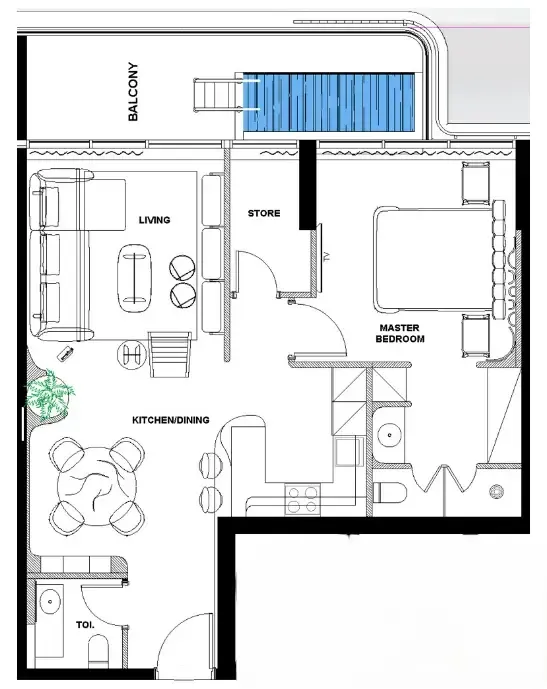 Natuzzi Harmony 1 bed floor plan, 913 sqft