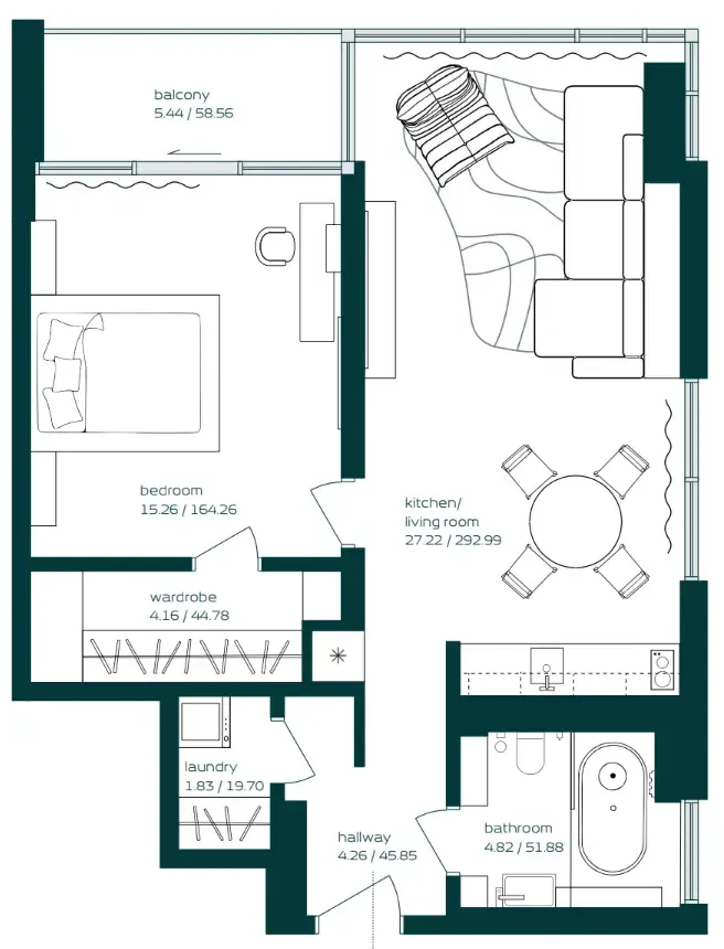 Vibe 1 bed floor plan, 768 sqft