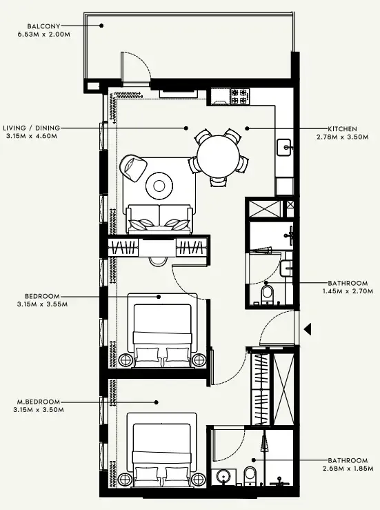 Beach Oasis 1 and 2 2 bed floor plan, 978 sqft