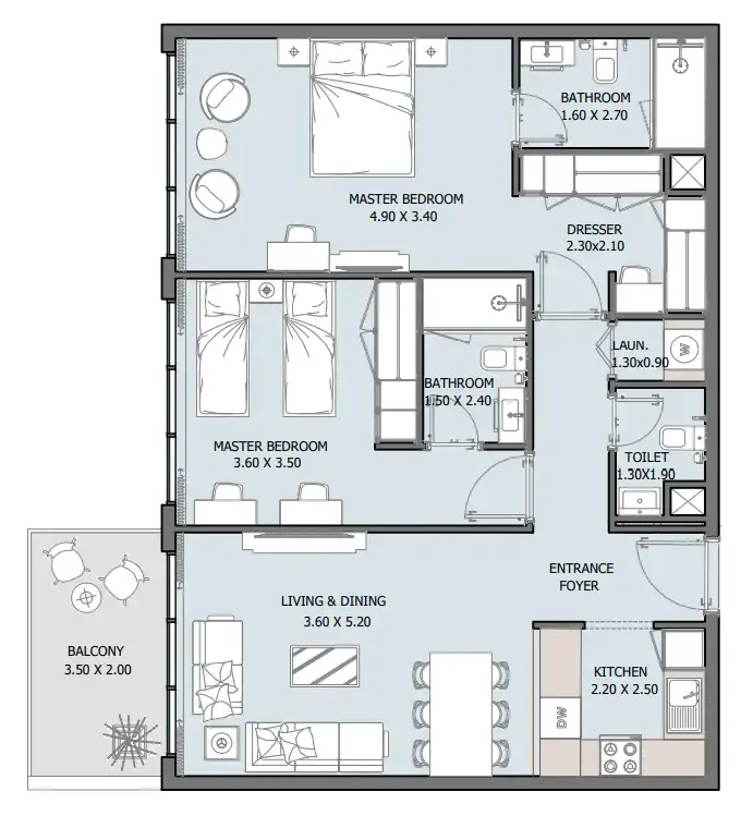 Oceana 2 bed floor plan, 1,012 sqft