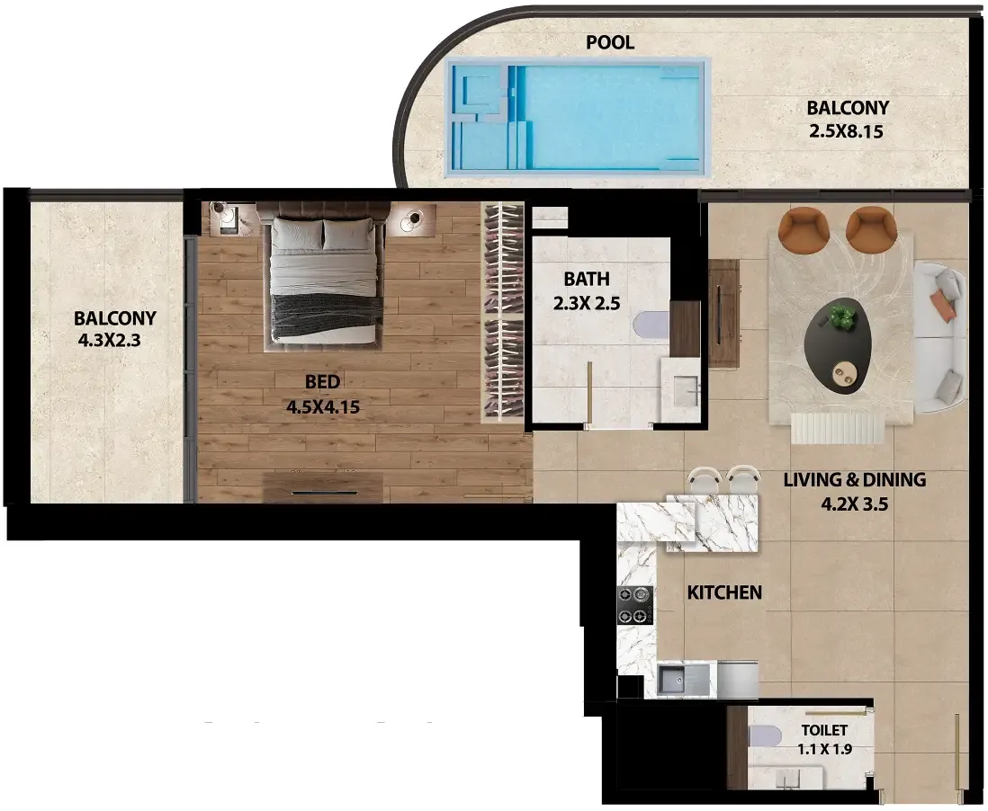 Marquis One 1 bed floor plan, 1,003 sqft