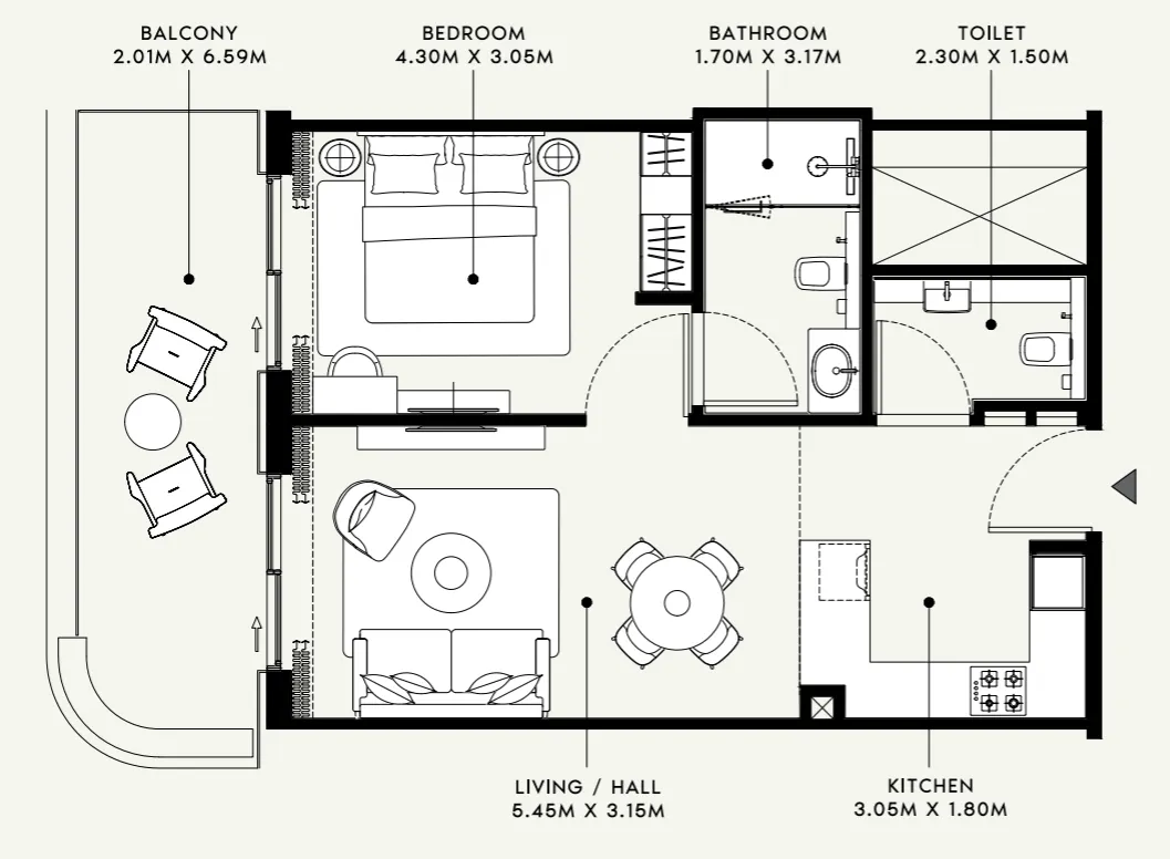 Azizi Venice 1 bed floor plan, 736 sqft