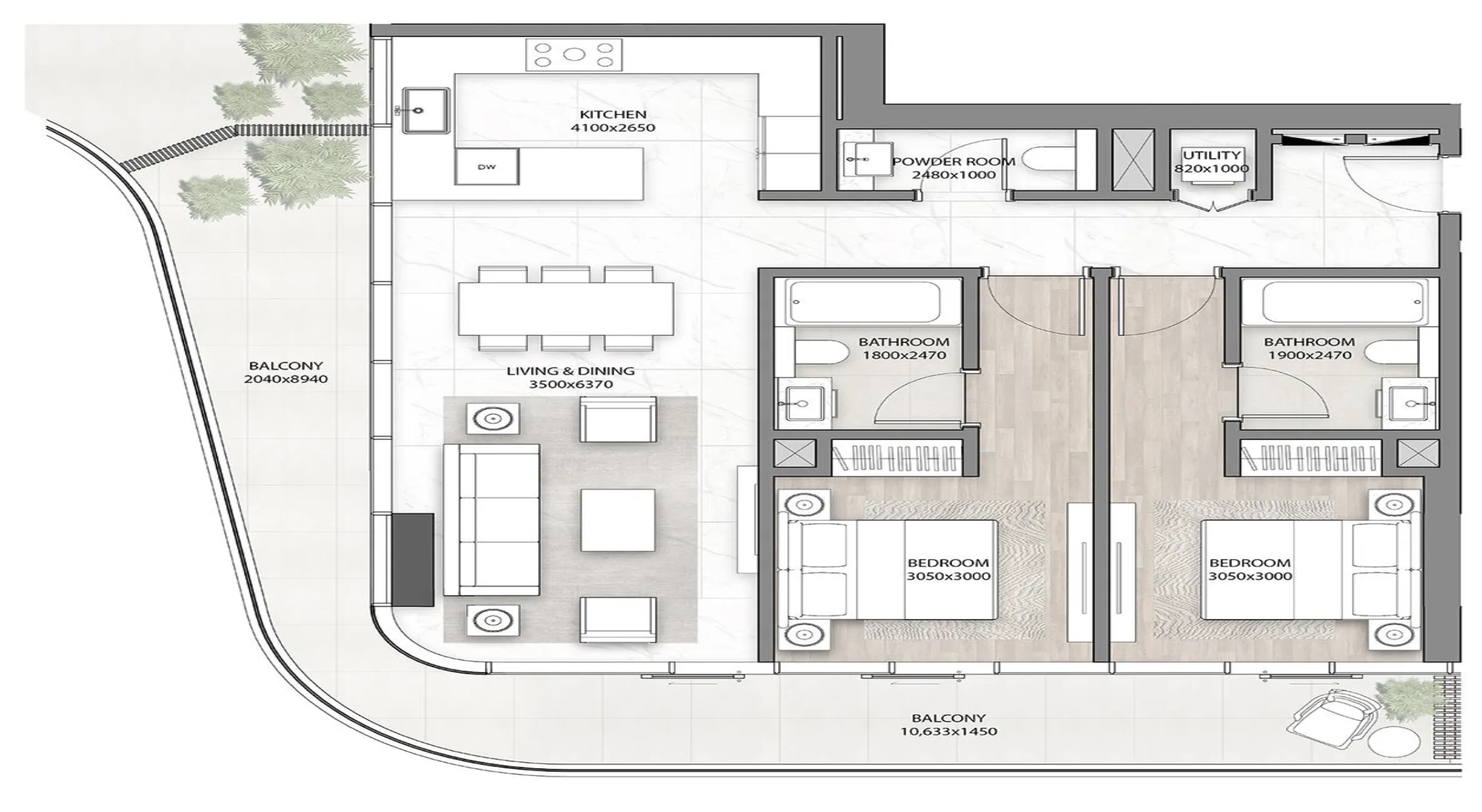 DG1 Living 2 bed floor plan, 1,358 sqft