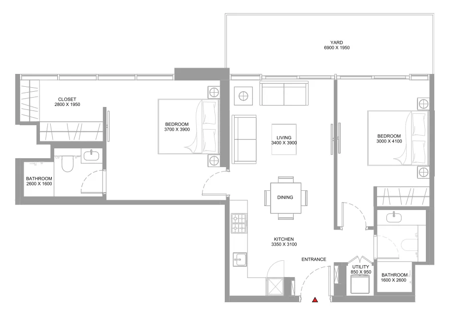 Starline Beach Residences 2 bed floor plan, 987 – 991 sqft