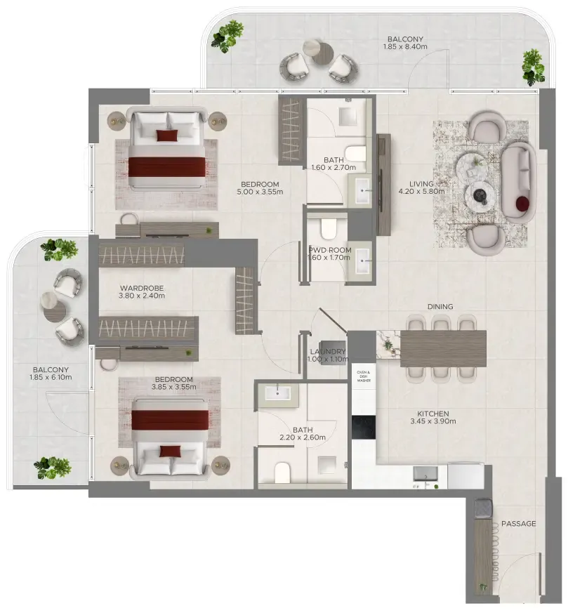 Ramada Residences by Wyndham at Dubai Islands 2 bed floor plan, 1,544 sqft