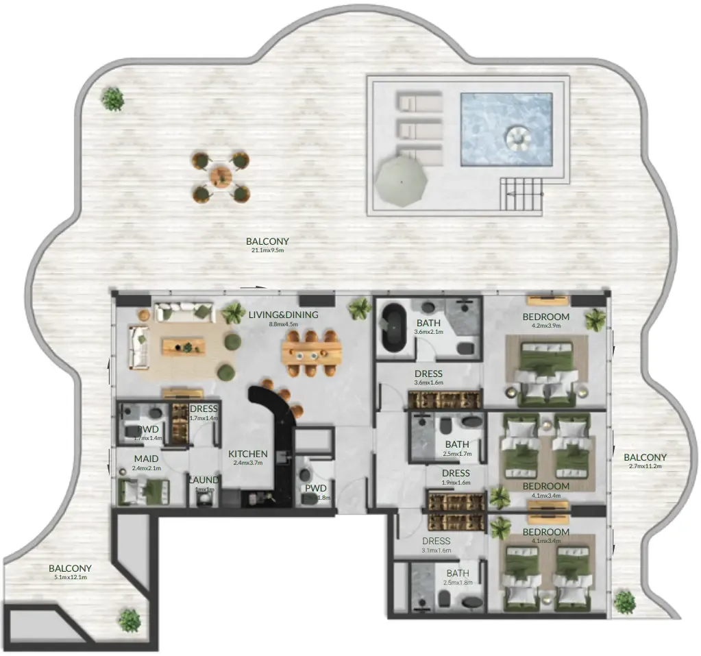 Aqua Maya 3 bed floor plan, 3,821 sqft