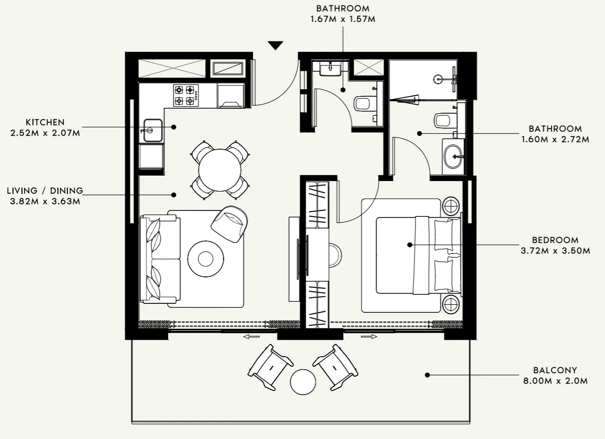 Azizi Venice 1 bed floor plan, 724 sqft